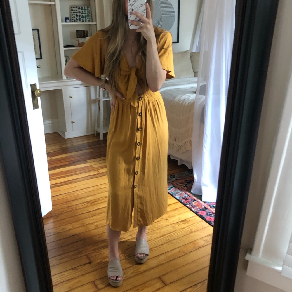 Mimi Chica Mustard Yellow Midi Tie Button Dress